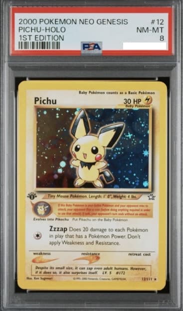 Pichu, PSA 8 graded, card 12 of 111 from the 2000 Neo Genesis Pokémon TCG set.