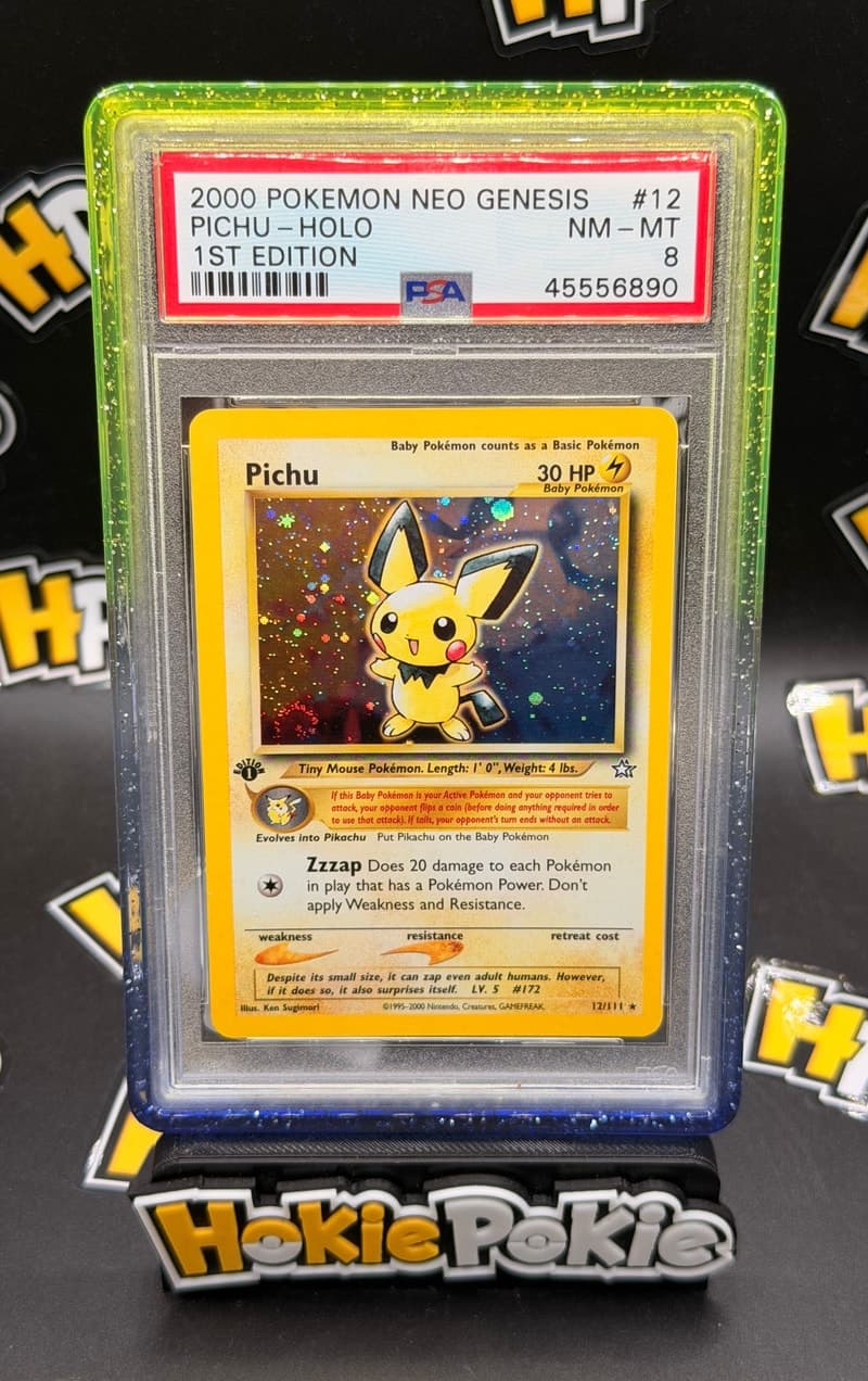 Pichu, PSA 8 graded, card 12 of 111 from the 2000 Neo Genesis Pokémon TCG set.