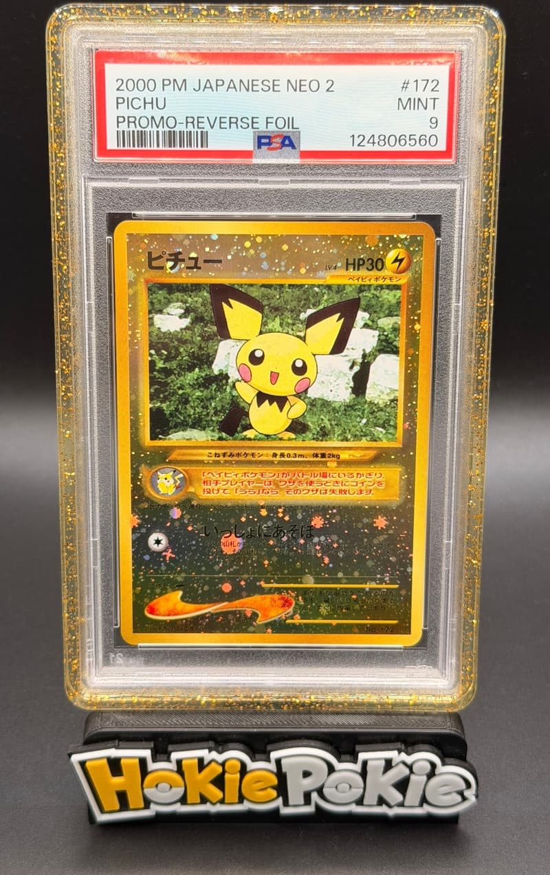 Pichu, PSA 9 graded, card 172 from the 2000 Neo 2 Promo (Japanese) Pokémon TCG set.