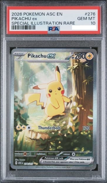 Pikachu ex, PSA 10 graded, card 276 of 217 from the 2026 Ascended Heroes Pokémon TCG set.