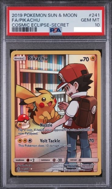 Pikachu, PSA 10 graded, card 241 of 236 from the 2019 Cosmic Eclipse Pokémon TCG set.