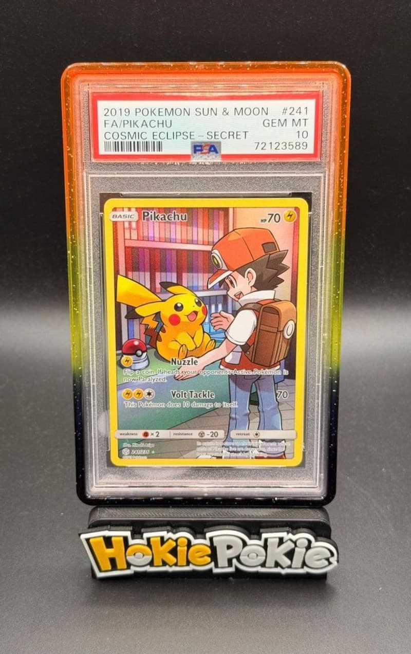 Pikachu, PSA 10 graded, card 241 of 236 from the 2019 Cosmic Eclipse Pokémon TCG set. Actual photo of the card in hand.