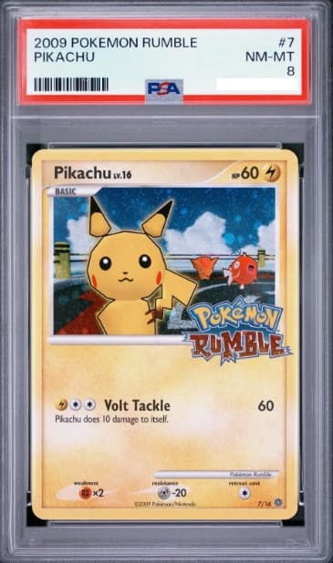 Pikachu, PSA 8 graded, card 7 of 16 from the 2009 Pokémon Rumble Pokémon TCG set.