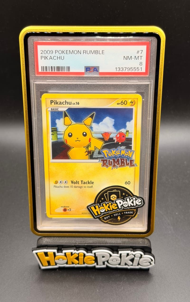 Pikachu, PSA 8 graded, card 7 of 16 from the 2009 Pokémon Rumble Pokémon TCG set.