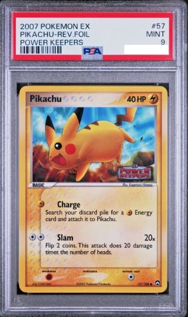 Pikachu, PSA 9 graded, card 57 of 108 from the 2007 EX Power Keepers Pokémon TCG set.