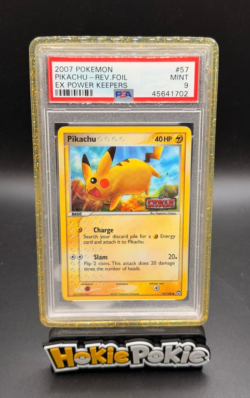 Pikachu, PSA 9 graded, card 57 of 108 from the 2007 EX Power Keepers Pokémon TCG set.