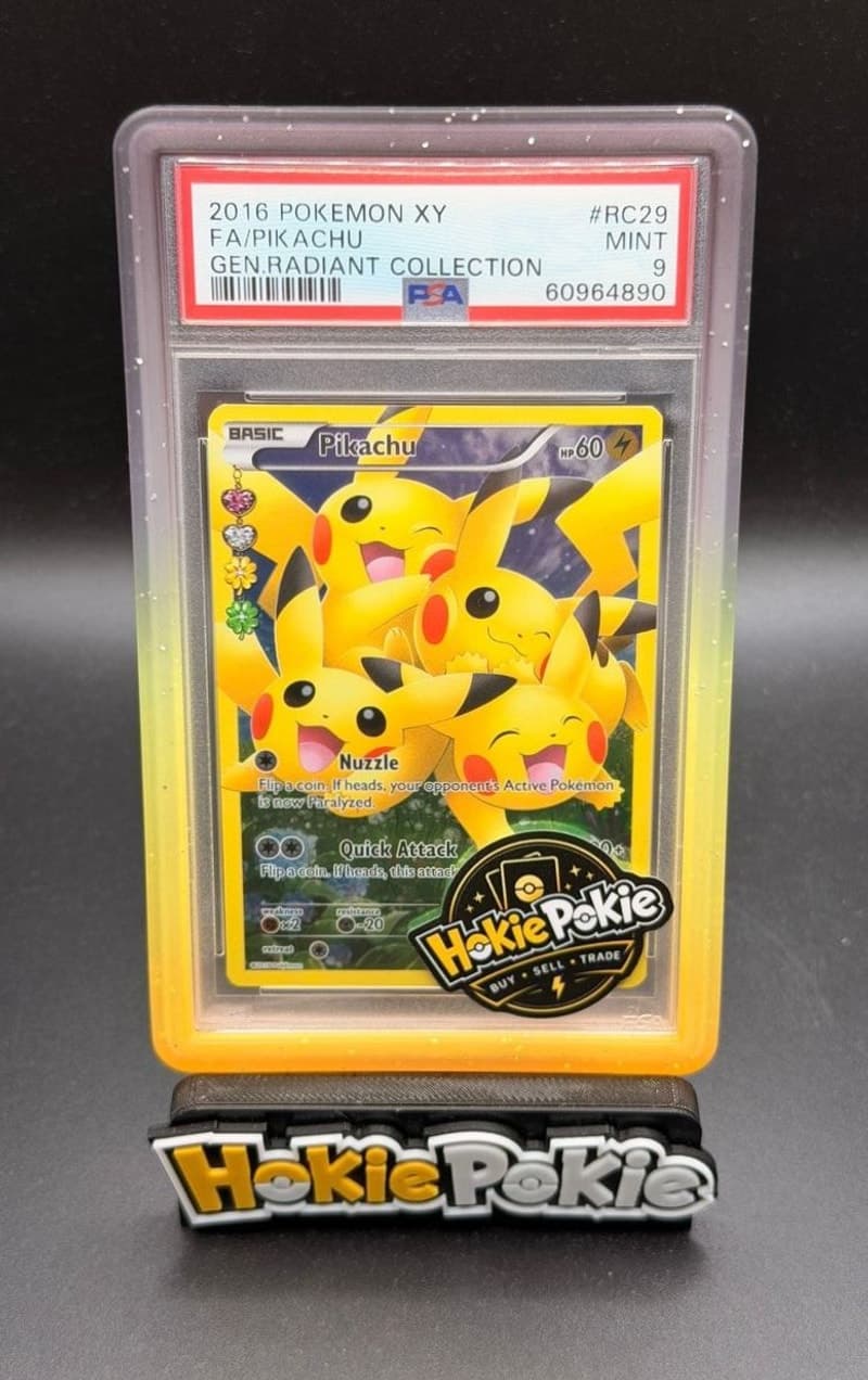 Pikachu, PSA 9 graded, card RC29 / RC32 from the 2016 Generations Pokémon TCG set. Actual photo of the card in hand.