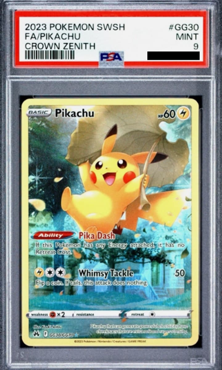 Pikachu, PSA 9 graded, card GG30 / GG70 from the 2023 Crown Zenith Pokémon TCG set.