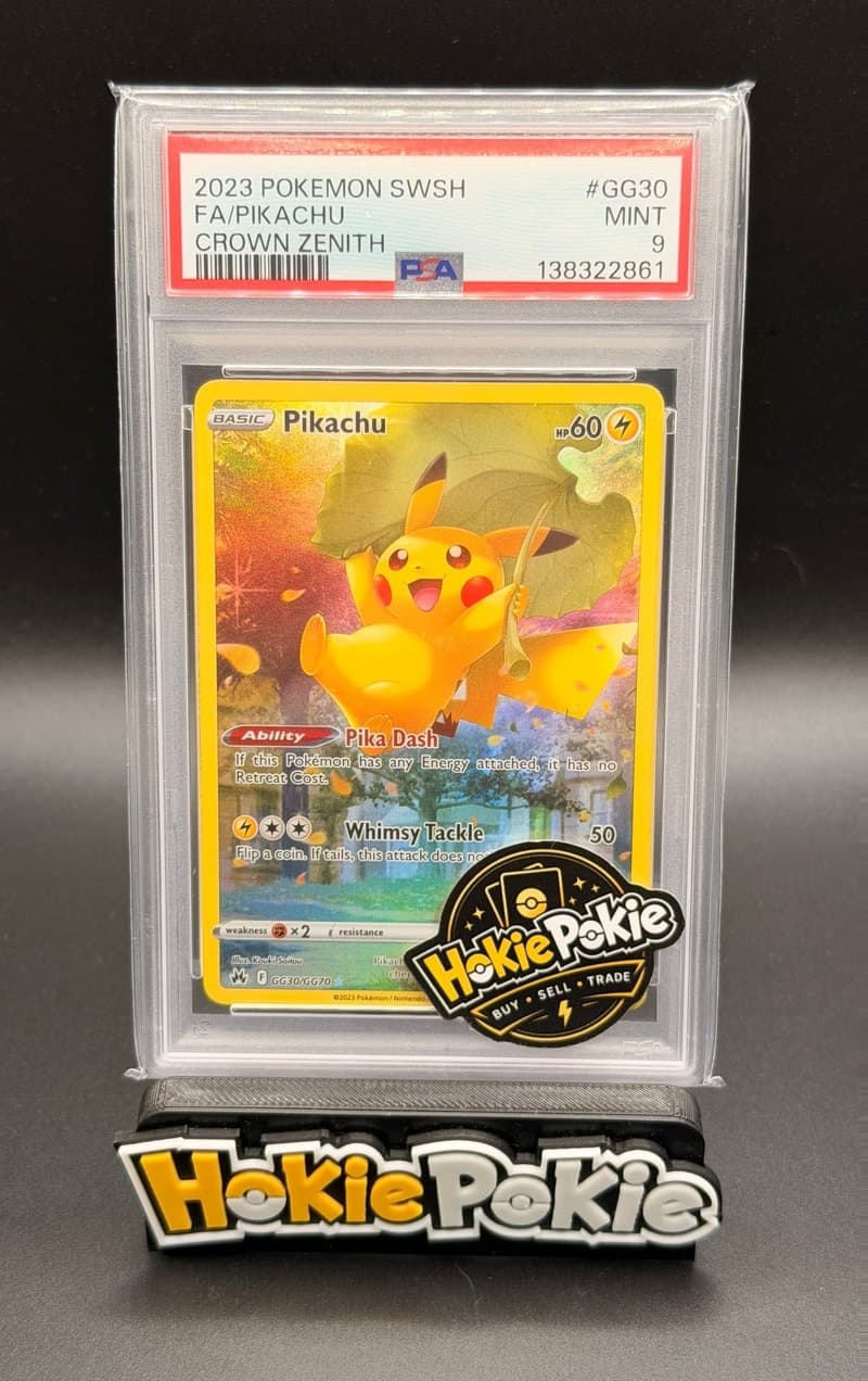 Pikachu, PSA 9 graded, card GG30 / GG70 from the 2023 Crown Zenith Pokémon TCG set.
