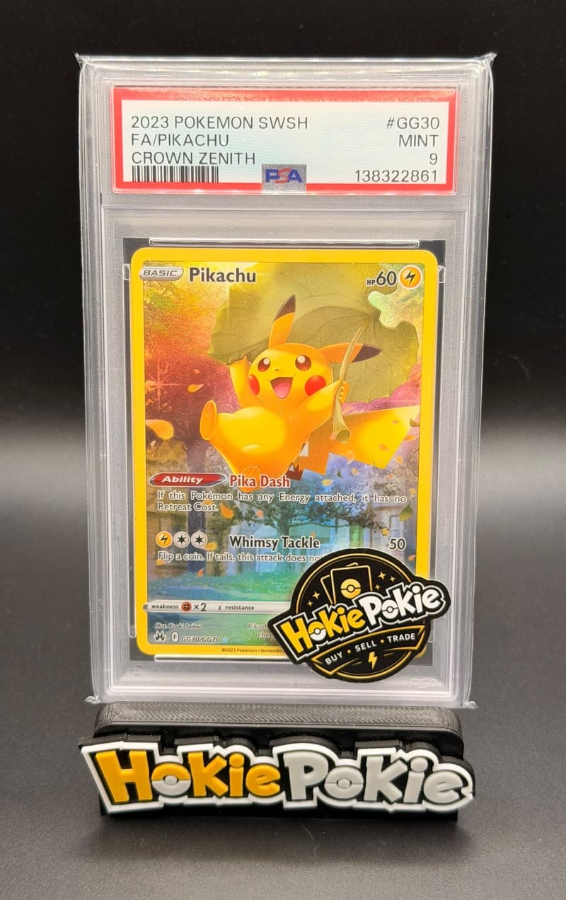 Pikachu, PSA 9 graded, card GG30 / GG70 from the 2023 Crown Zenith Pokémon TCG set. Actual photo of the card in hand.