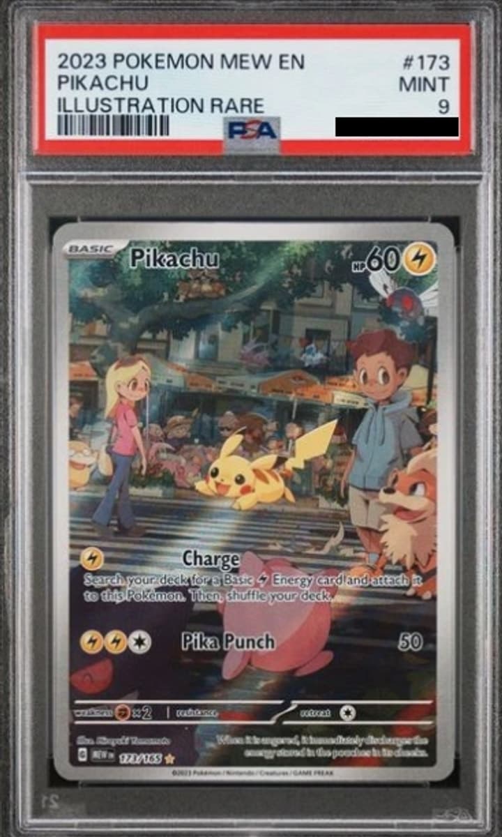 Pikachu, PSA 9 graded, card 173 of 165 from the 2023 Scarlet & Violet 151 Pokémon TCG set.