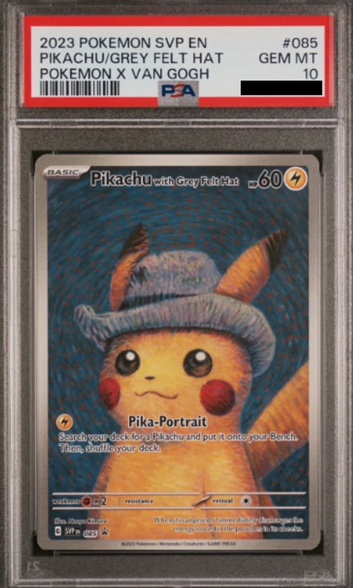 Pikachu with Grey Felt Hat, PSA 10 graded, card SVP 085 from the 2023 SVP Black Star Promo Pokémon TCG set.