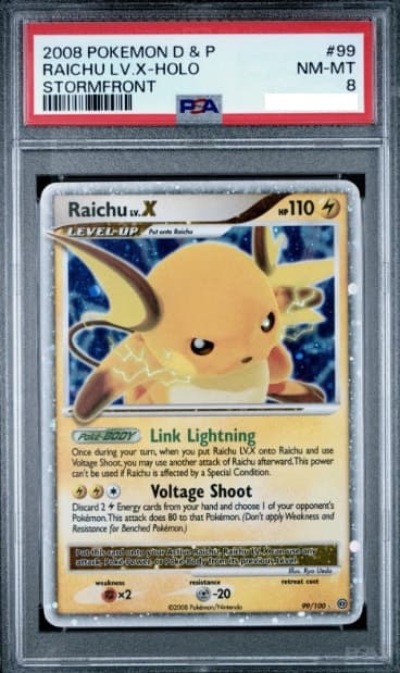Raichu LV.X, PSA 8 graded, card 99 of 100 from the 2008 Stormfront Pokémon TCG set.