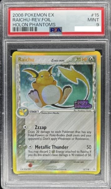 Raichu, PSA 9 graded, card 15 of 110 from the 2006 EX Holon Phantoms Pokémon TCG set.