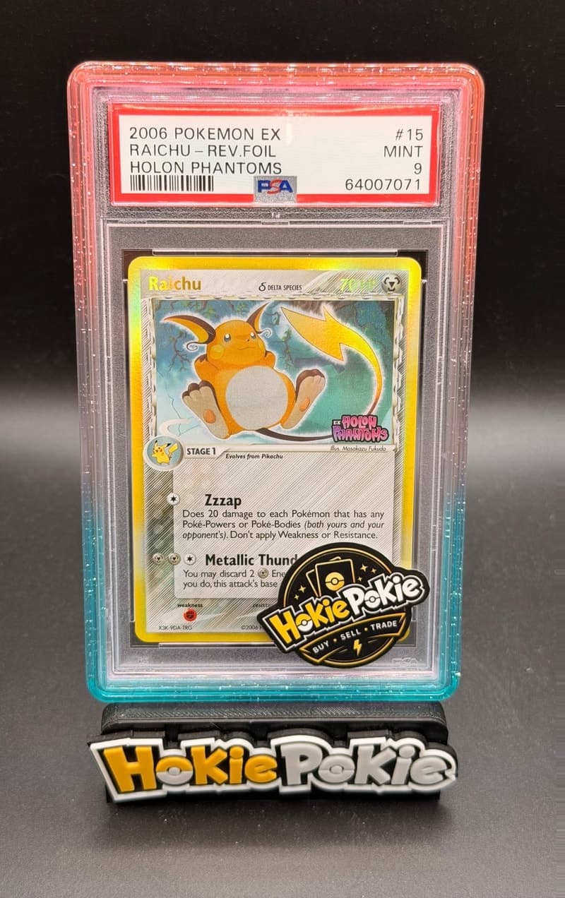 Raichu, PSA 9 graded, card 15 of 110 from the 2006 EX Holon Phantoms Pokémon TCG set.
