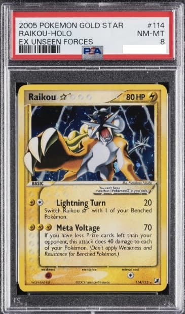 Raikou Gold Star, PSA 8 graded, card 114 of 115 from the 2005 EX Unseen Forces Pokémon TCG set.