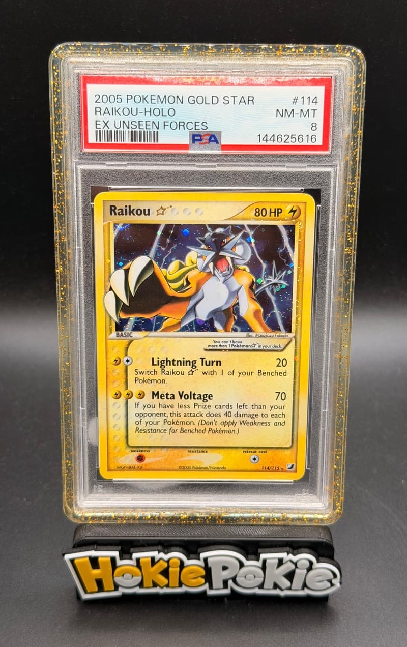 Raikou Gold Star, PSA 8 graded, card 114 of 115 from the 2005 EX Unseen Forces Pokémon TCG set.