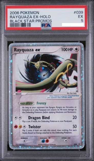 Rayquaza ex, PSA 5 graded, card 039 from the 2006 Nintendo Black Star Promos Pokémon TCG set.