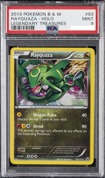 Rayquaza, PSA 9 graded, card 93 of 113 from the 2013 Legendary Treasures Pokémon TCG set.