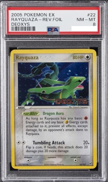 Rayquaza, gradée PSA 8, carte 22 sur 107 de l’ensemble 2005 EX Deoxys du JCC Pokémon.