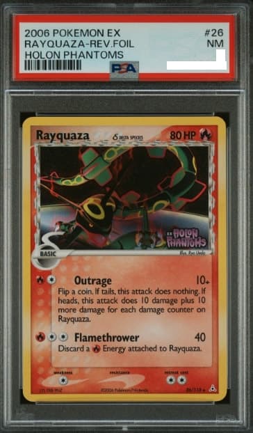 Rayquaza, PSA 8 graded, card 26 of 110 from the 2006 EX Holon Phantoms Pokémon TCG set.
