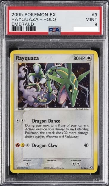 Rayquaza, PSA 9 graded, card 9 of 106 from the 2005 EX Emerald Pokémon TCG set.