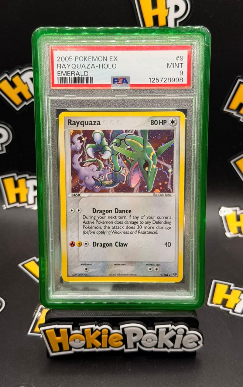 Rayquaza, PSA 9 graded, card 9 of 106 from the 2005 EX Emerald Pokémon TCG set.