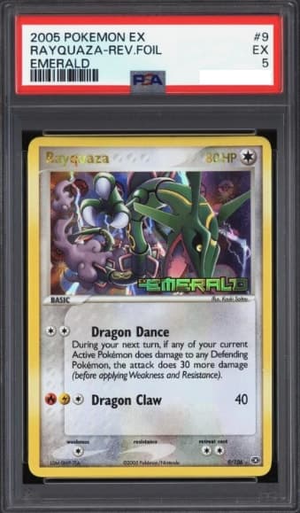 Rayquaza, PSA 5 graded, card 9 of 106 from the 2005 EX Emerald Pokémon TCG set.