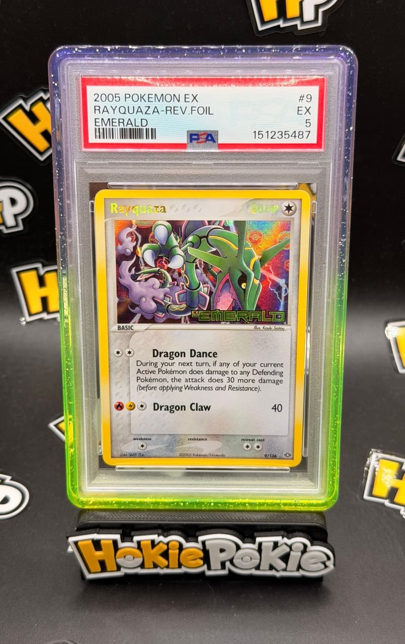 Rayquaza, PSA 5 graded, card 9 of 106 from the 2005 EX Emerald Pokémon TCG set.