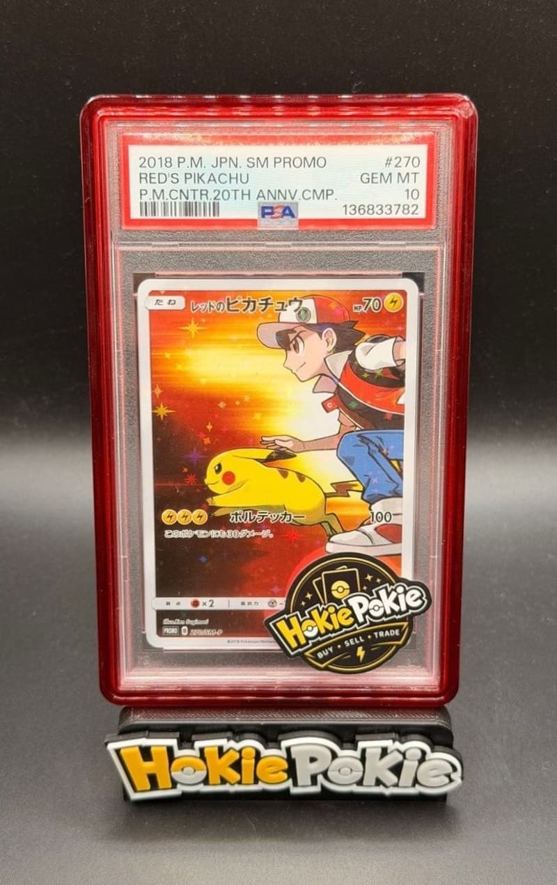 Red's Pikachu, PSA 10 graded, card 270 / SM-P from the 2018 Pokémon Center 20th Anniversary Promo (Japanese) Pokémon TCG set. Actual photo of the card in hand.