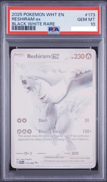 Reshiram ex, PSA 10 graded, card 173 of 86 from the 2025 White Flare Pokémon TCG set.