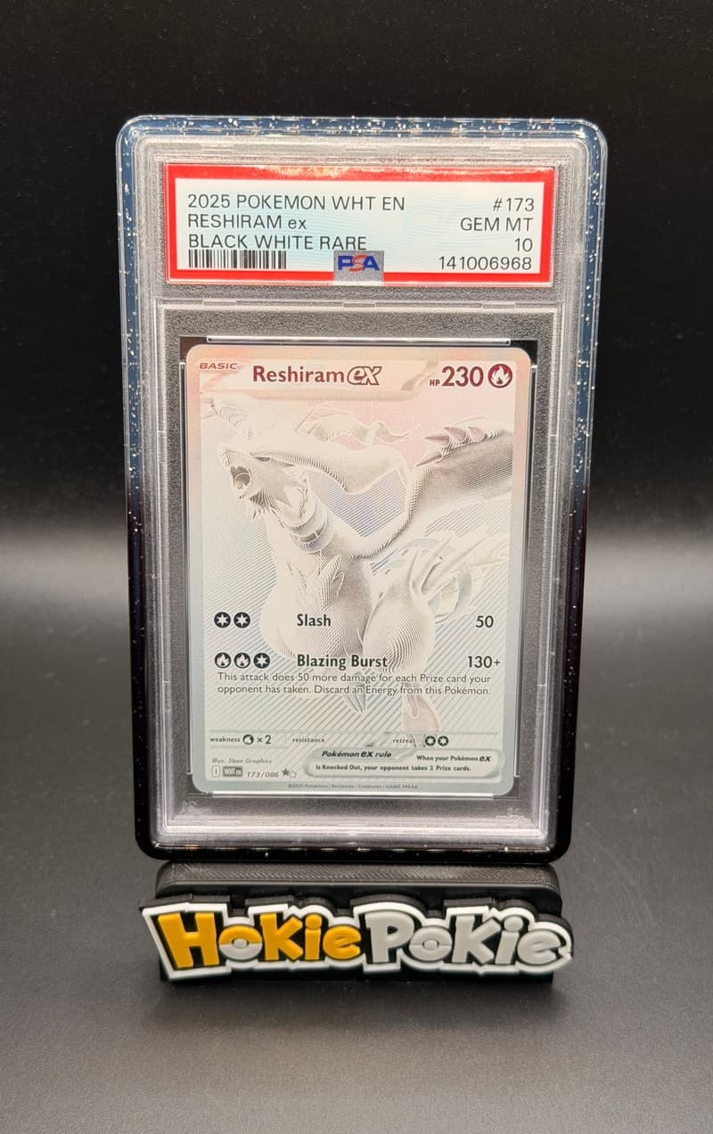 Reshiram ex, PSA 10 graded, card 173 of 86 from the 2025 White Flare Pokémon TCG set.