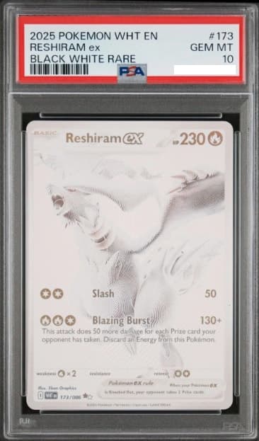 Reshiram ex, PSA 10 graded, card 173 of 86 from the 2025 White Flare Pokémon TCG set.