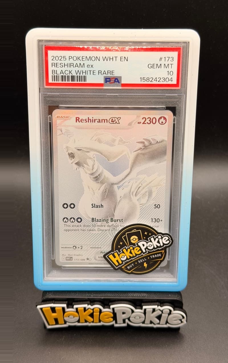 Reshiram ex, PSA 10 graded, card 173 of 86 from the 2025 White Flare Pokémon TCG set.