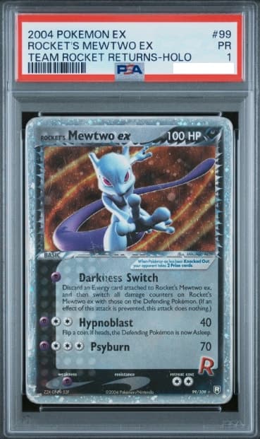 Rocket's Mewtwo ex, PSA 1 graded, card 99 of 109 from the 2004 EX Team Rocket Returns Pokémon TCG set.