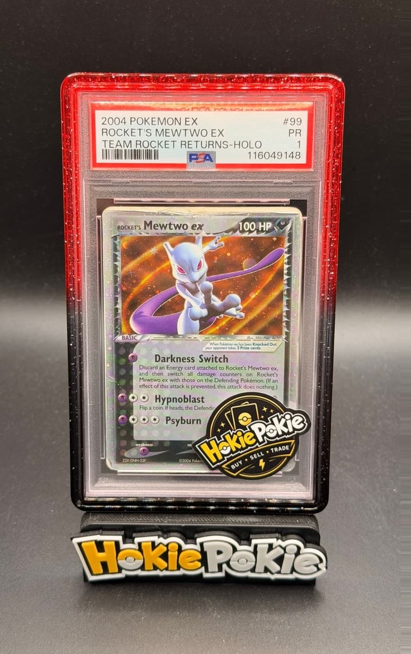 Rocket's Mewtwo ex, PSA 1 graded, card 99 of 109 from the 2004 EX Team Rocket Returns Pokémon TCG set.