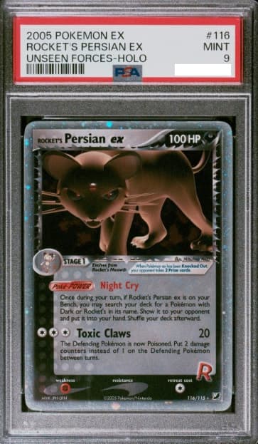 Rocket's Persian ex, PSA 9 graded, card 116 of 115 from the 2005 EX Unseen Forces Pokémon TCG set.