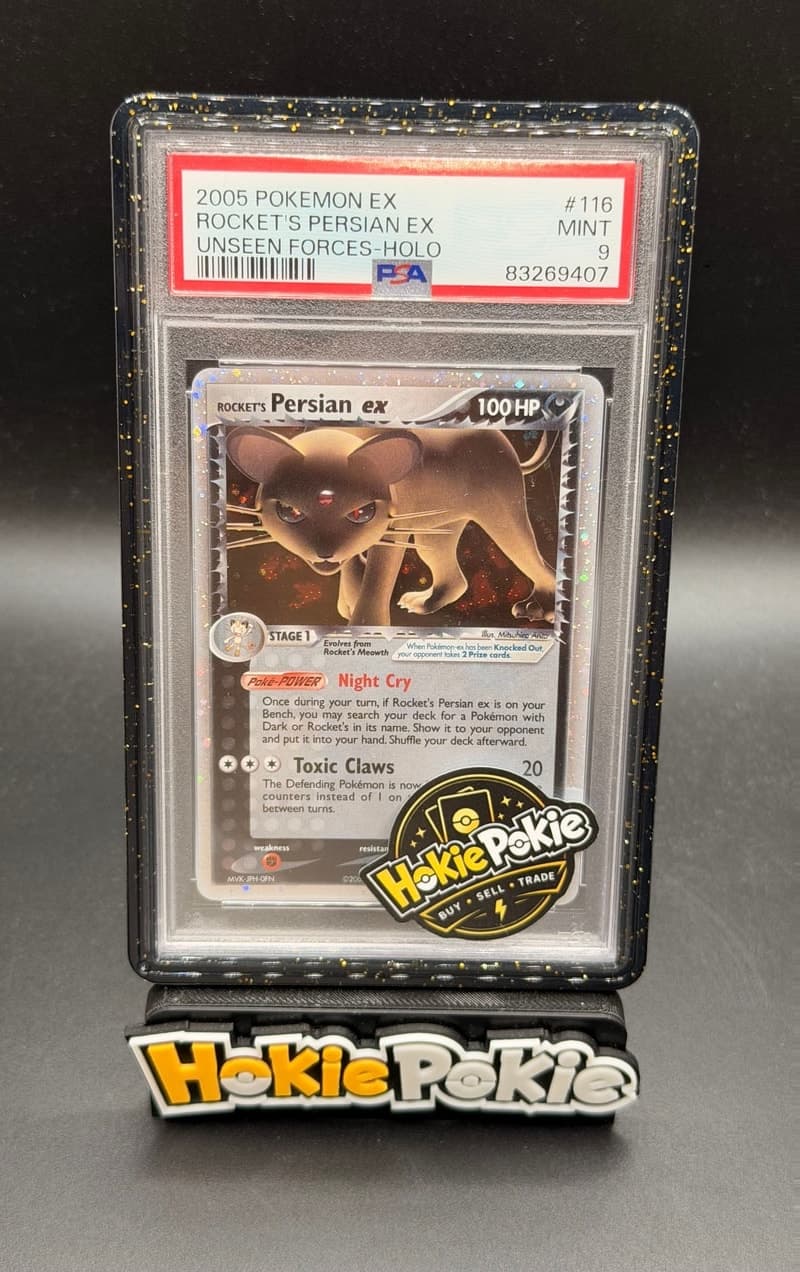 Rocket's Persian ex, PSA 9 graded, card 116 of 115 from the 2005 EX Unseen Forces Pokémon TCG set.