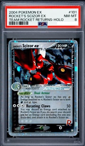 Rocket's Scizor ex, PSA 8 graded, card 101 of 109 from the 2004 EX Team Rocket Returns Pokémon TCG set.