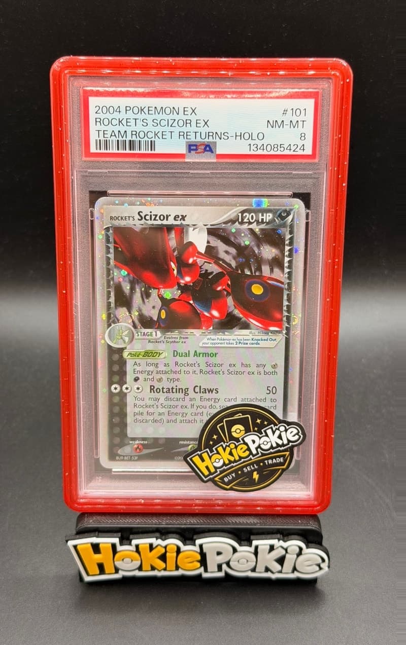 Rocket's Scizor ex, PSA 8 graded, card 101 of 109 from the 2004 EX Team Rocket Returns Pokémon TCG set.