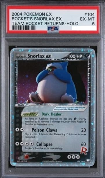 Rocket's Snorlax ex, PSA 6 graded, card 104 of 109 from the 2004 EX Team Rocket Returns Pokémon TCG set.