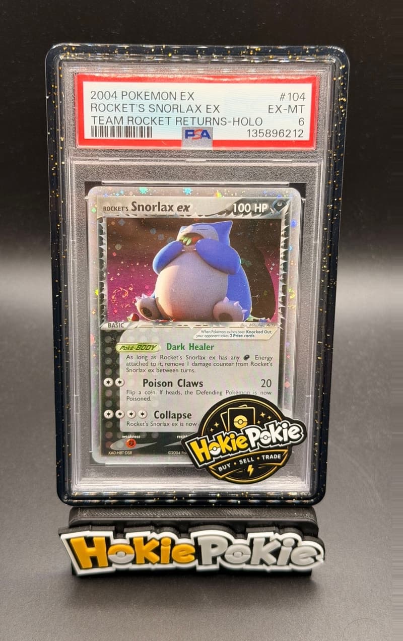 Rocket's Snorlax ex, PSA 6 graded, card 104 of 109 from the 2004 EX Team Rocket Returns Pokémon TCG set.