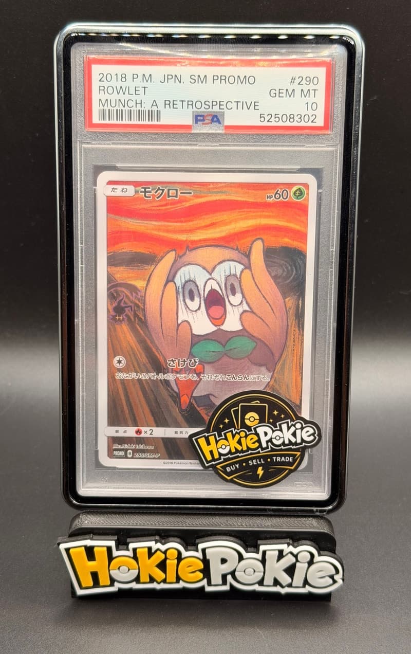 Rowlet, PSA 10 graded, card 290 / SM-P from the Munch: A Retrospective (Japanese) Pokémon TCG set. Actual photo of the card in hand.