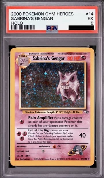 Sabrina's Gengar, PSA 5 graded, card 14 of 132 from the 2000 Gym Heroes Pokémon TCG set.