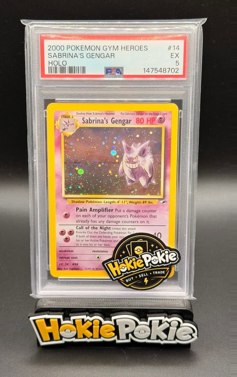 Sabrina's Gengar, PSA 5 graded, card 14 of 132 from the 2000 Gym Heroes Pokémon TCG set.