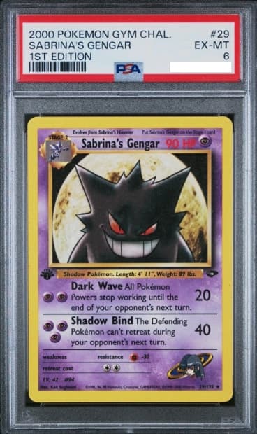 Sabrina's Gengar, PSA 6 graded, card 29 of 132 from the 2000 Gym Challenge Pokémon TCG set.