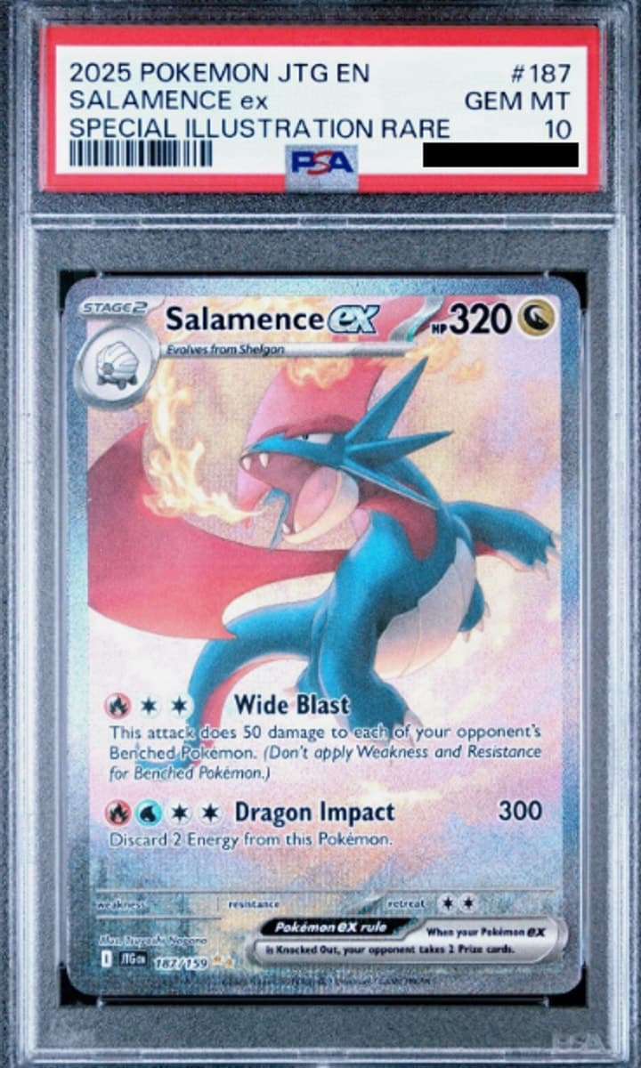 Salamence ex, PSA 10 graded, card 187 of 159 from the 2025 Journey Together Pokémon TCG set.