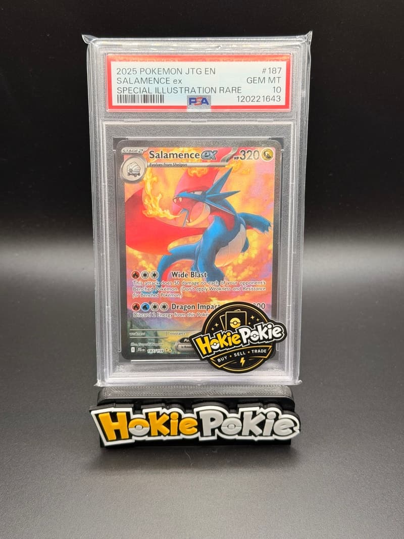 Salamence ex, PSA 10 graded, card 187 of 159 from the 2025 Journey Together Pokémon TCG set. Actual photo of the card in hand.