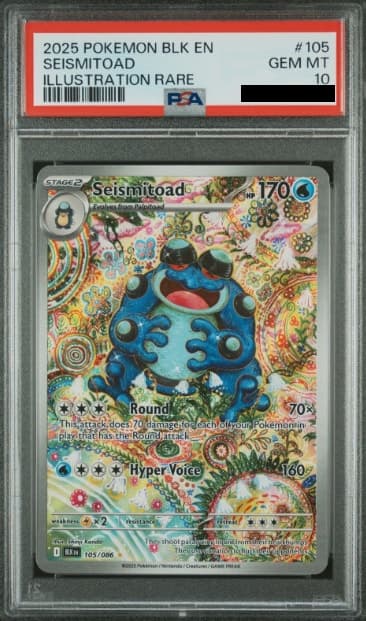 Seismitoad, PSA 10 graded, card 105 of 86 from the 2025 Black Bolt Pokémon TCG set.