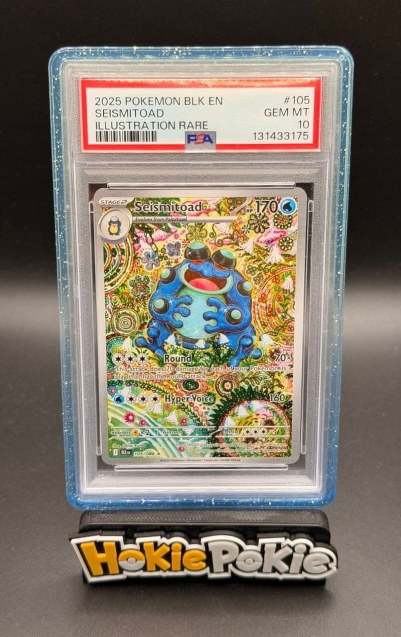 Seismitoad, PSA 10 graded, card 105 of 86 from the 2025 Black Bolt Pokémon TCG set. Actual photo of the card in hand.